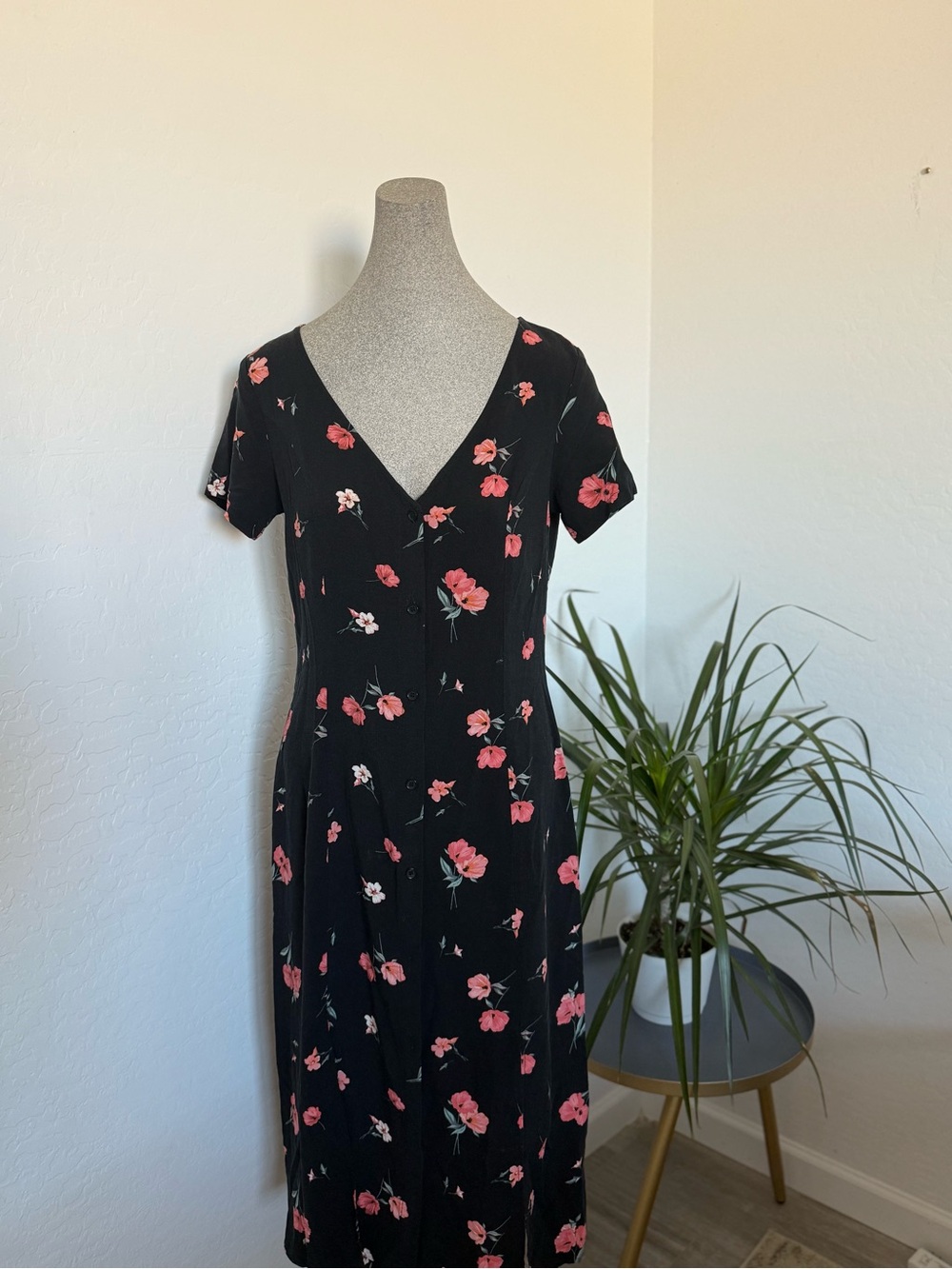 Divided Black Midi Dress with Coral Pink Floral Print